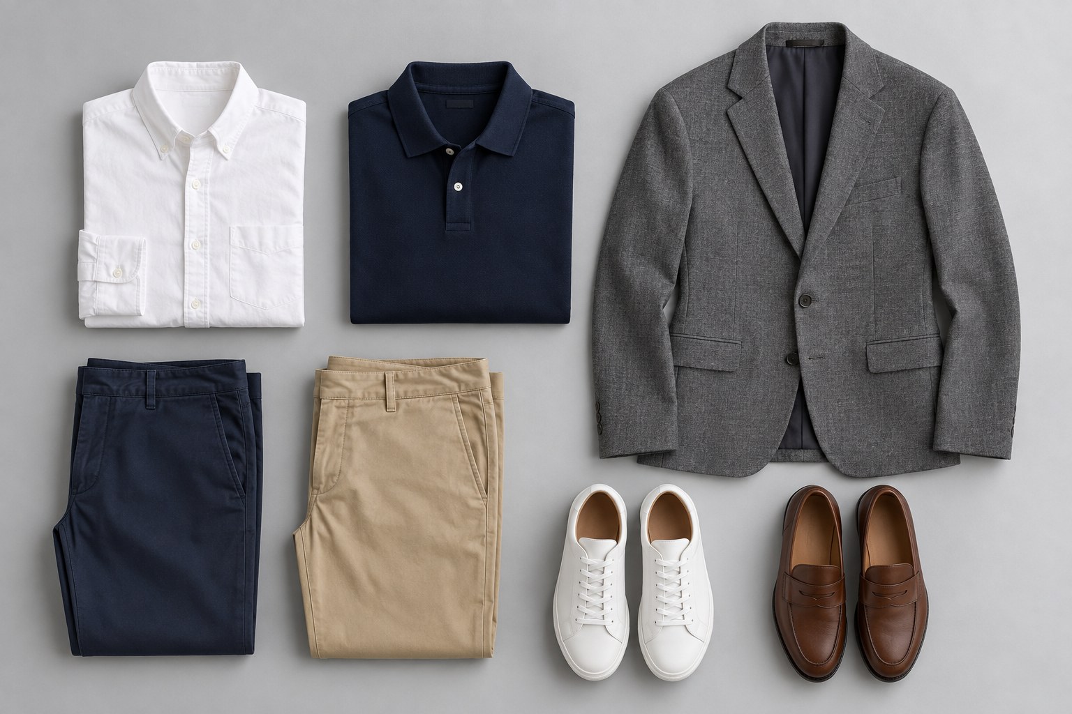 Sample clothing flat lay with shirts, chinos, shoes, and a blazer